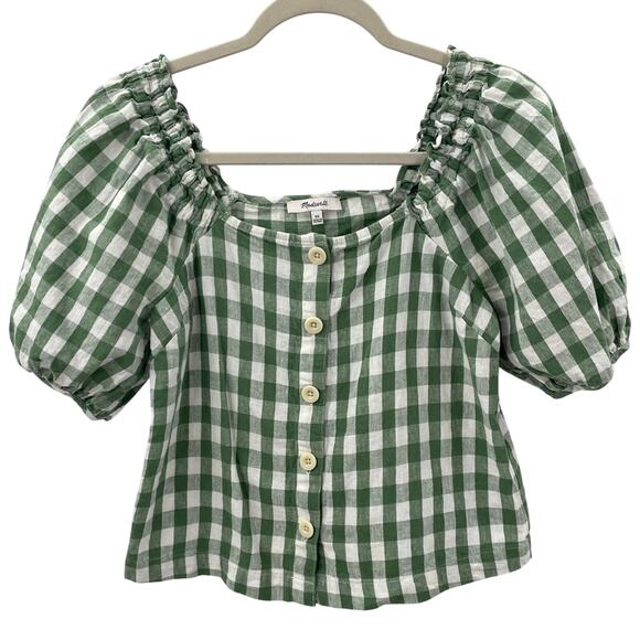 Madewell XS Linen Cotton Square Neck Button Front Top Gingham Check NE168 Green - Picture 4 of 8